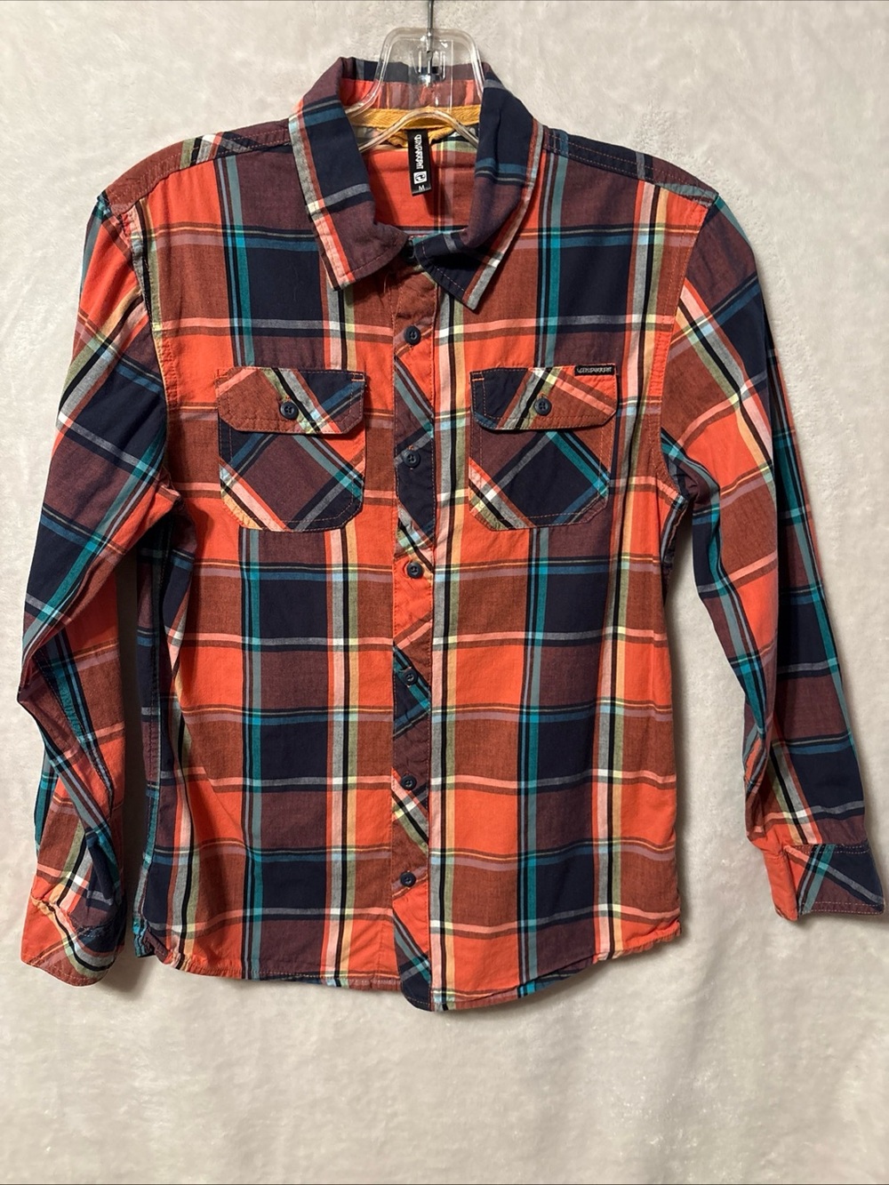Ocean Current Orange Navy Plaid Kids Button-Up Shirt